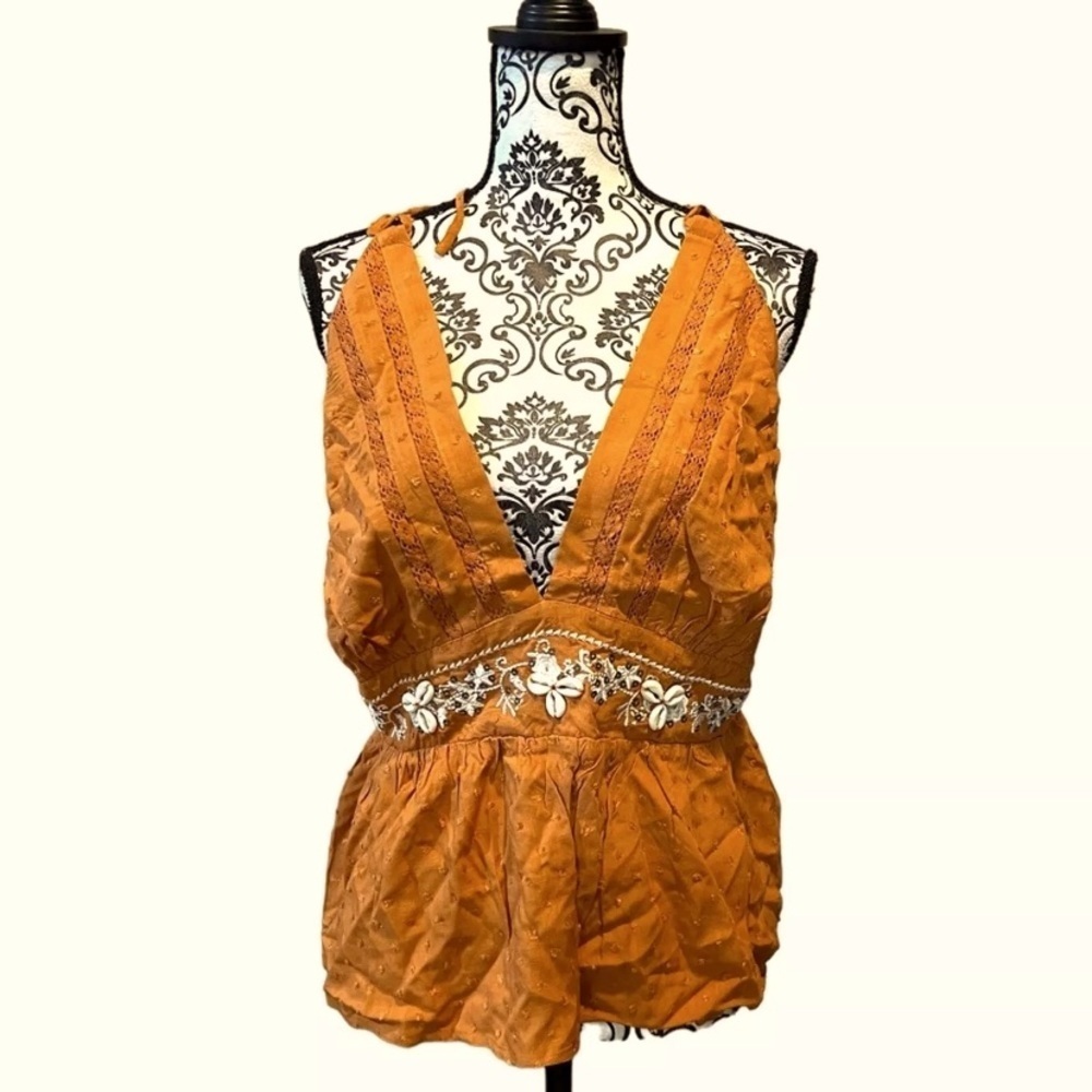 Amaryllis she’ll Open Back Halter Top boho L burnt orange embroidered y2k summer